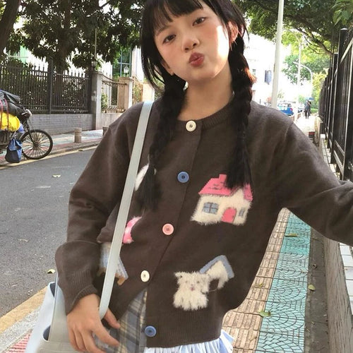 Load image into Gallery viewer, Preppy Style Kawaii Cartoon Jacquard Knited Cardigan Women Casual Loose Sweater Jackets 2025 Spring Grunge Cropped Kardigany
