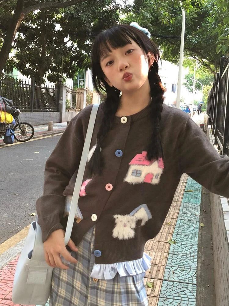 Preppy Style Kawaii Cartoon Jacquard Knited Cardigan Women Casual Loose Sweater Jackets 2025 Spring Grunge Cropped Kardigany