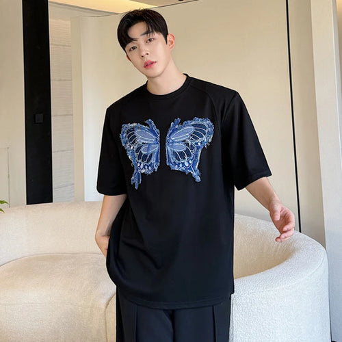 Load image into Gallery viewer, Korean Style Male T-shirts Loose Denim Butterfly Patchwork Tees Round Neck Short Sleeve Men&#39;s Tops Chic Summer 9C6371
