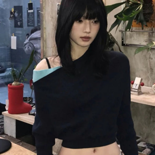 Load image into Gallery viewer, 2025 Women Knitted Patchwork Skew Collar T-shirts Y2k Aesthetic Batwing Sleeve Sexy Tops Streetwear Vintage Grunge Cropped Tees
