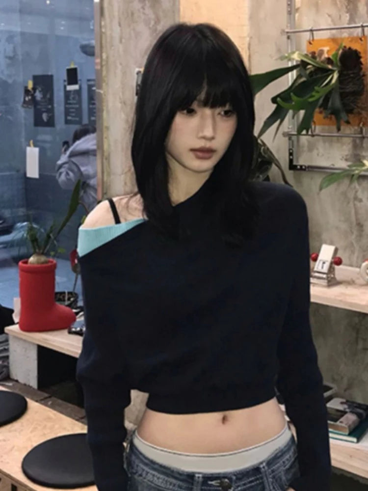 2025 Women Knitted Patchwork Skew Collar T-shirts Y2k Aesthetic Batwing Sleeve Sexy Tops Streetwear Vintage Grunge Cropped Tees