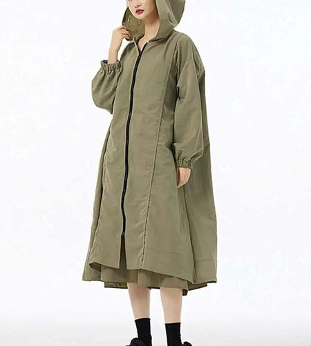 Women Green Pocket Zipper Big Size Long Trench New Hooded Long Sleeve Windbreaker Fashion Tide Spring Autumn 2025 1DH6713