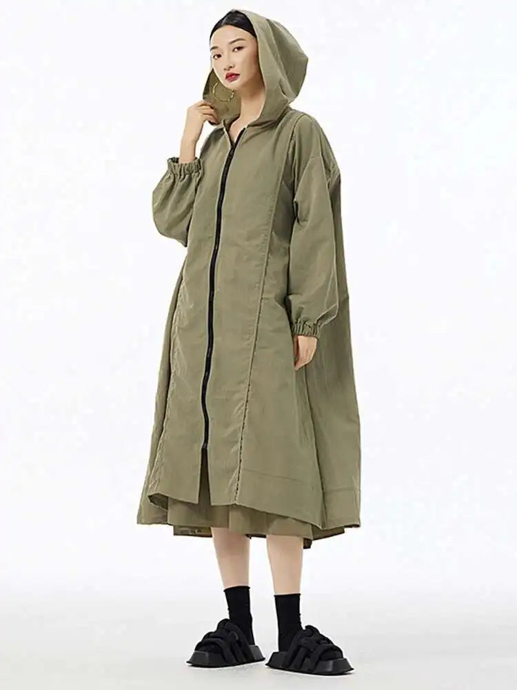 Women Green Pocket Zipper Big Size Long Trench New Hooded Long Sleeve Windbreaker Fashion Tide Spring Autumn 2025 1DH6713