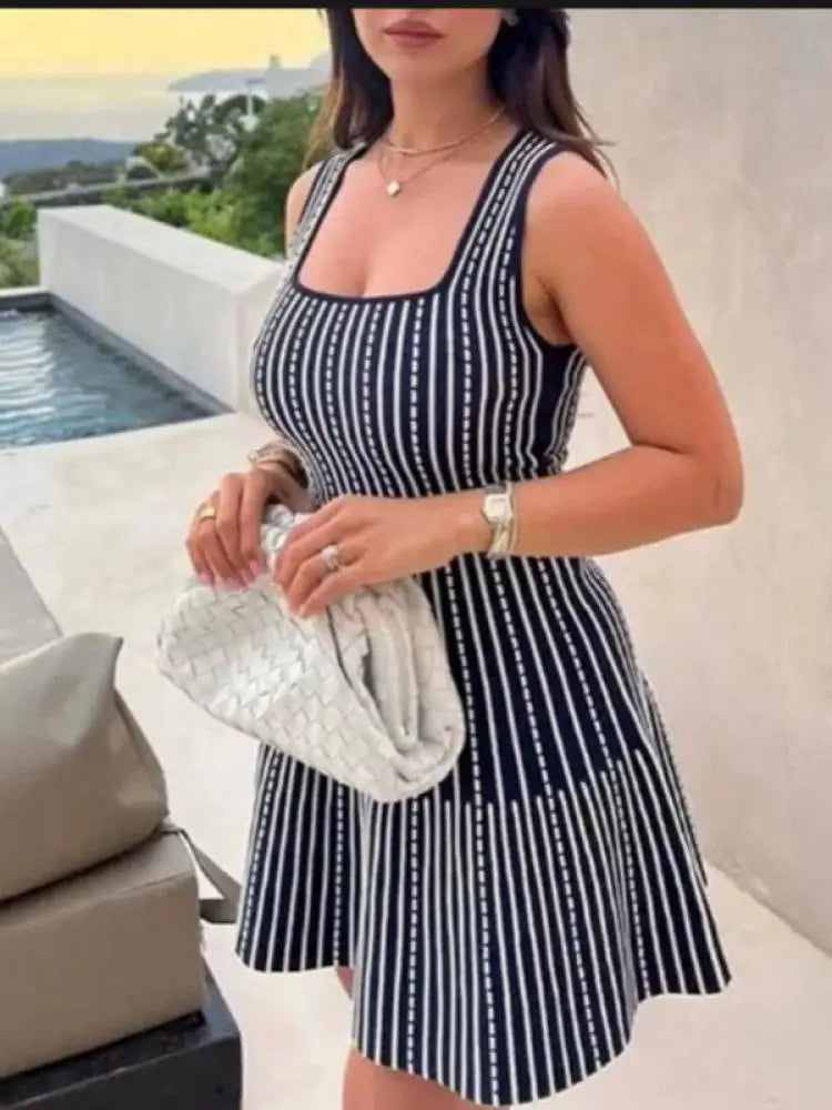 Korean Fashion Summer Striped Elegant Square Neck Slim Vest Short Dresses For Women Sleeveless Sexy Mini Dress 2025 Casual Trend