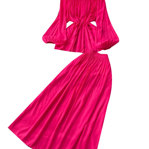 Load image into Gallery viewer, French Retro 2025 Women Solid Off Shoulder Elegant Lace-up Pleated Tops+ High Waist Party Long Skirt Spring Autumn Two Piece Set
