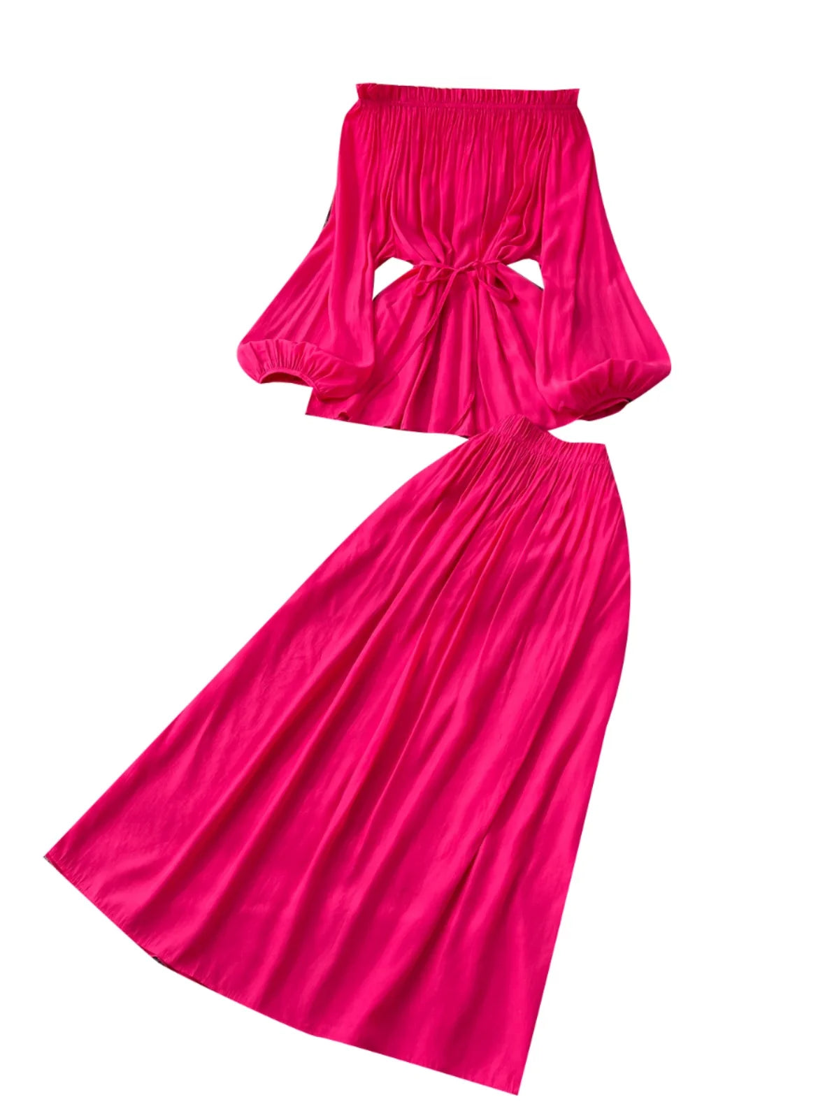 French Retro 2025 Women Solid Off Shoulder Elegant Lace-up Pleated Tops+ High Waist Party Long Skirt Spring Autumn Two Piece Set