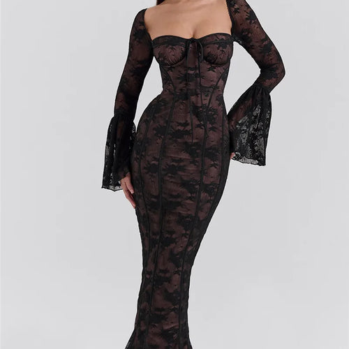Load image into Gallery viewer, Lace Print Long Flare Sleeve Sexy Maxi Dress For Women Fashion Square Collar Backless Bodycon Club Party Sexy Dress
