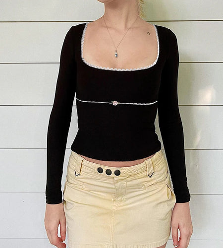 Square Neck Lace Trim Autumn Tee Female Cute Chic Frill Vintage Fashion Women's T shirts Slim Grunge Y2K Top 90s New