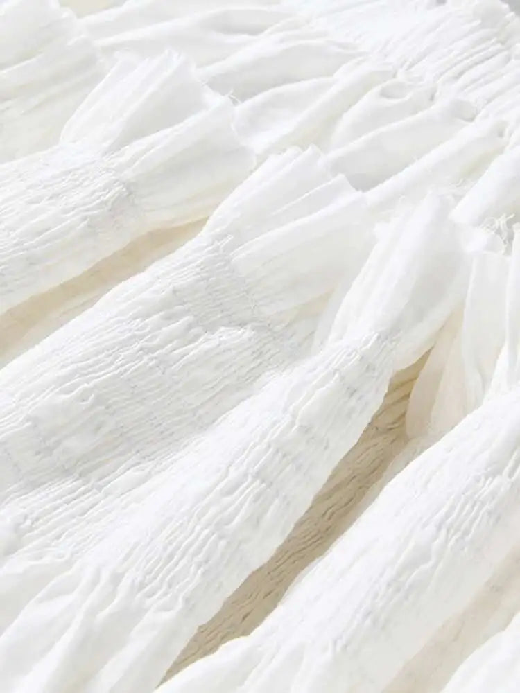 Women White Sling Backless Pleated Shrink Waist Slim Vintage Dress New Square Collar Fashion Spring Autumn 2025 JF54801