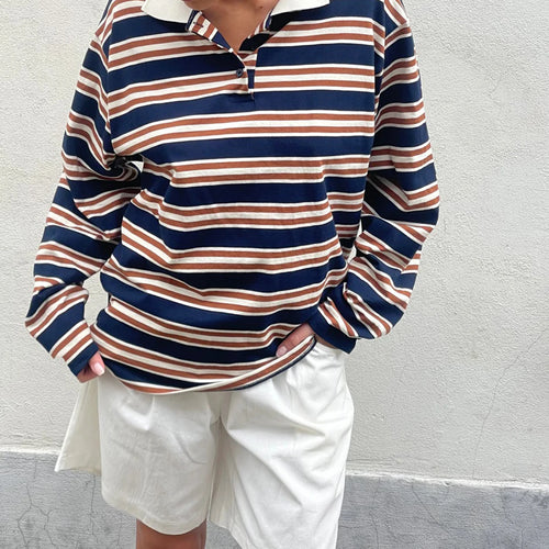 Load image into Gallery viewer, y2k Clothes Tops Women Fashion Striped Turn-down Collar Buttons Long Sleeve Loose T-shirts 2000s Clothing Streetwear
