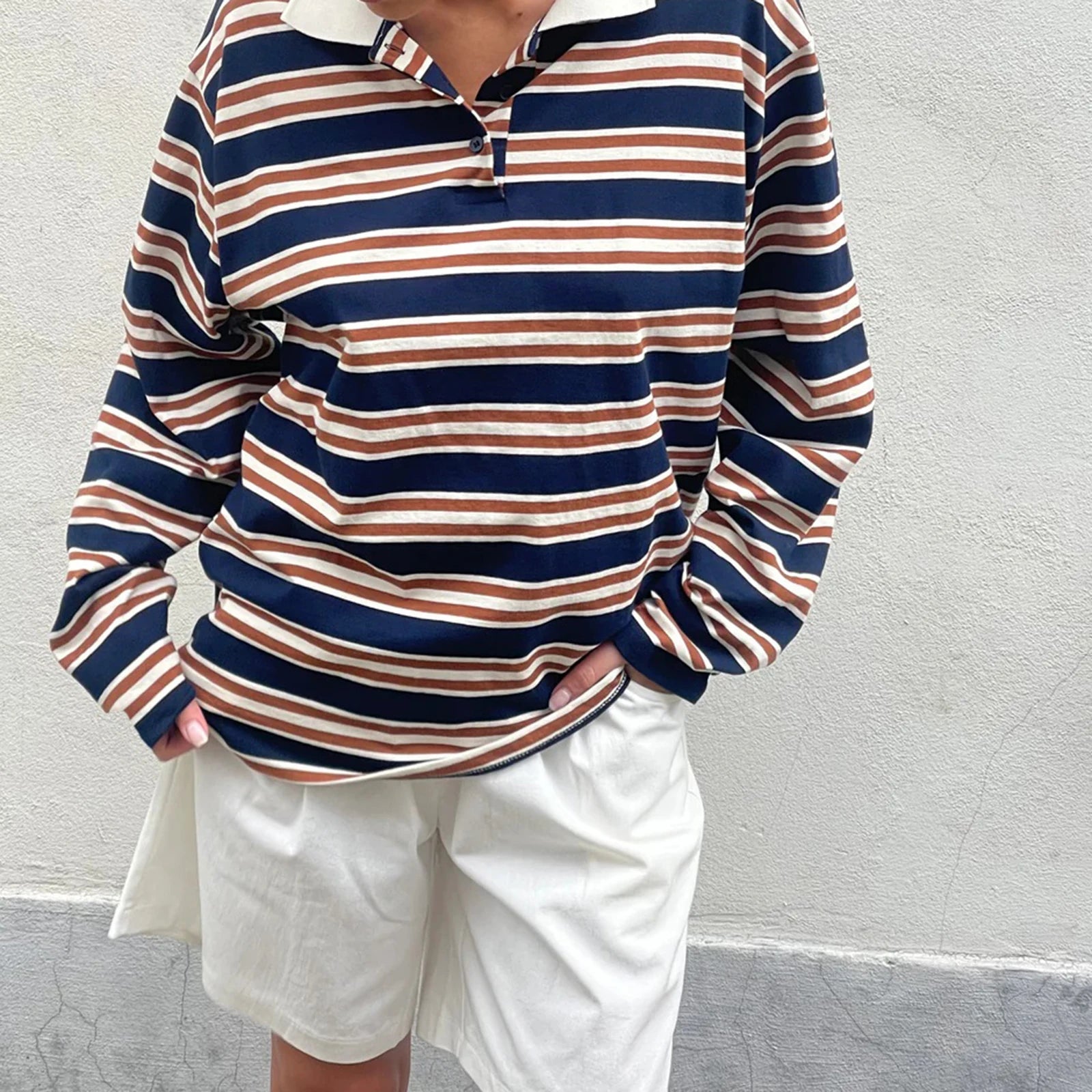 y2k Clothes Tops Women Fashion Striped Turn-down Collar Buttons Long Sleeve Loose T-shirts 2000s Clothing Streetwear