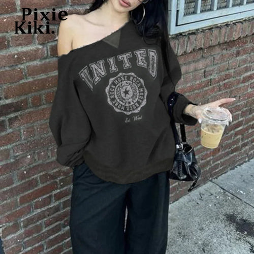 Load image into Gallery viewer, Trashy Y2k Graphic Sweatshirts Off Shoulder Long Sleeve Tees Baggy Hoodies Pullovers Women Clothing 2024 P84-CC24
