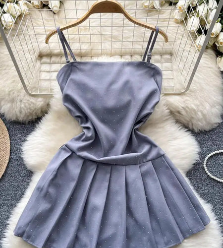 Korean Summer Black Diamond Elegant Party Slip Mini Dress Woman 2024 New Gray Slim A-line Sexy Club Backless Pleated Short Dress