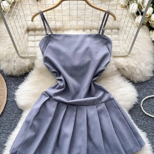 Load image into Gallery viewer, Korean Summer Black Diamond Elegant Party Slip Mini Dress Woman 2024 New Gray Slim A-line Sexy Club Backless Pleated Short Dress
