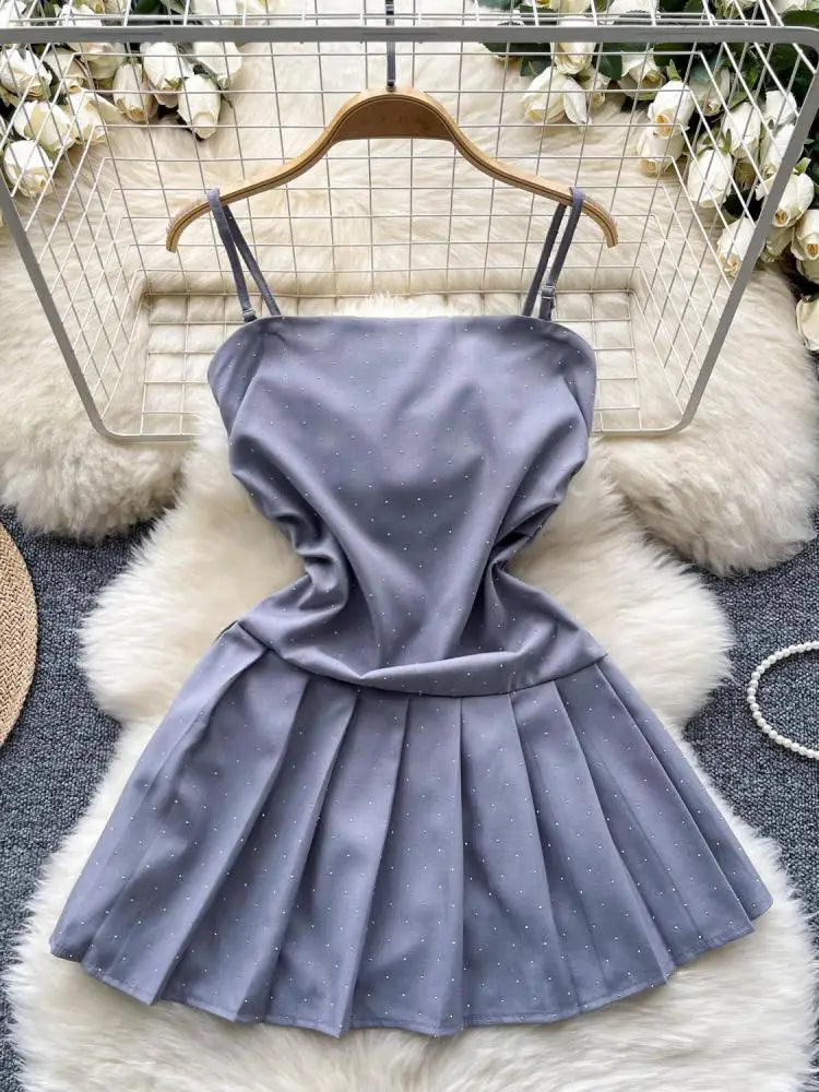 Korean Summer Black Diamond Elegant Party Slip Mini Dress Woman 2024 New Gray Slim A-line Sexy Club Backless Pleated Short Dress