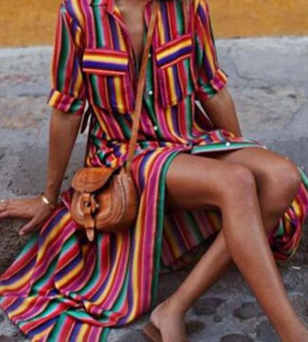 Summer Long Dress 2025 Women Split-joint Buttons Bohemia Vintage Loose Beach Vacation Striped Maxi Dresses for Woman