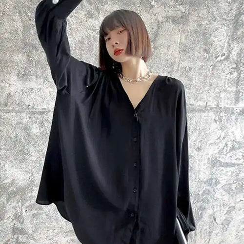 Load image into Gallery viewer, Women Black Elegant Big Size Casual Blouse New V-neck Long Sleeve Loose Fit Shirt Fashion Tide Spring Autumn 2025 1DH0656
