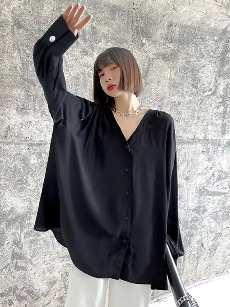 Women Black Elegant Big Size Casual Blouse New V-neck Long Sleeve Loose Fit Shirt Fashion Tide Spring Autumn 2025 1DH0656
