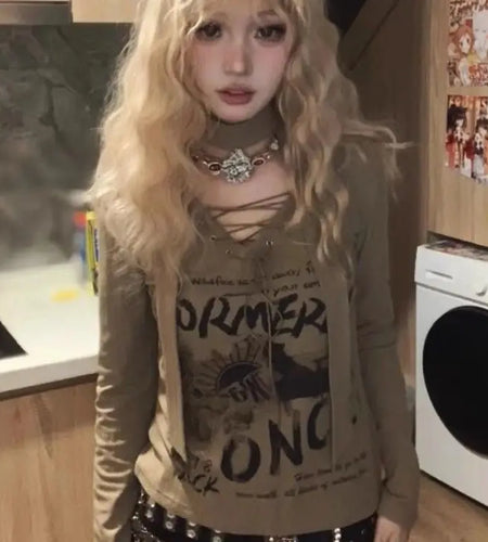 Streetwear Y2k Tops Woman Tshirts Bandage V-neck Long Sleeve Letter Print Camisetas Vintage Fashion Tees Casual Korean T-shirt