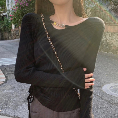 Load image into Gallery viewer, y2k Aesthetic Tops Women Clothes Solid Color Metal Chain Decor Round Neck Long Sleeve Knitted T Shirts 2000s Streetwear
