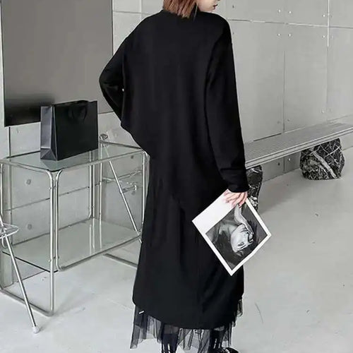 Load image into Gallery viewer, Women Black Big Size Irregular T-shirt New Turtleneck Long Sleeve Loose Fit Fashion Tide Spring Autumn 2025 1DH4338

