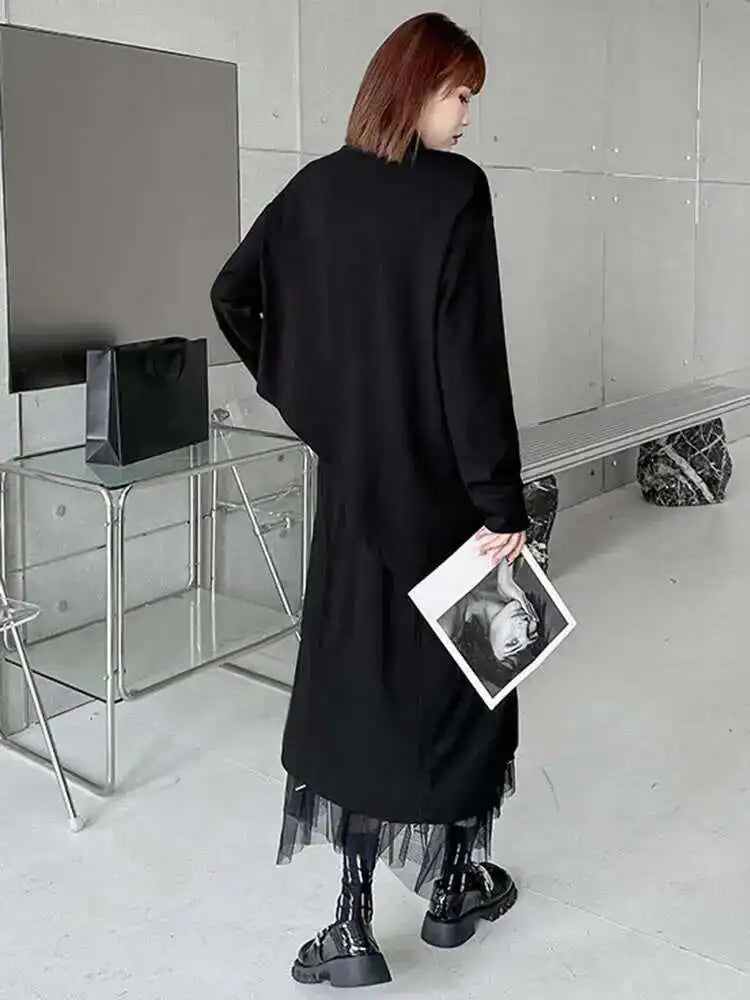 Women Black Big Size Irregular T-shirt New Turtleneck Long Sleeve Loose Fit Fashion Tide Spring Autumn 2025 1DH4338