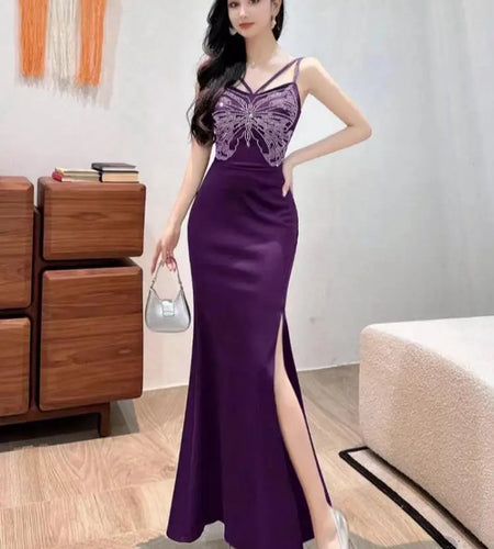 2024 Summer Women Solid Diamond Sexy Birthday Evening Long Dress Elegant Party Fashion Backless Pleated Wrap Hip Split Dress New