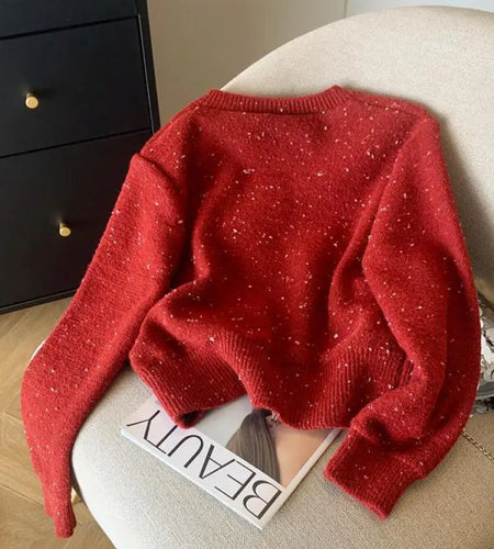 White Long Sleeve Knitted Women Bright Silk Bow Sweater Red V-neck Office Lady Button Casual Pullover Top Autumn Winter