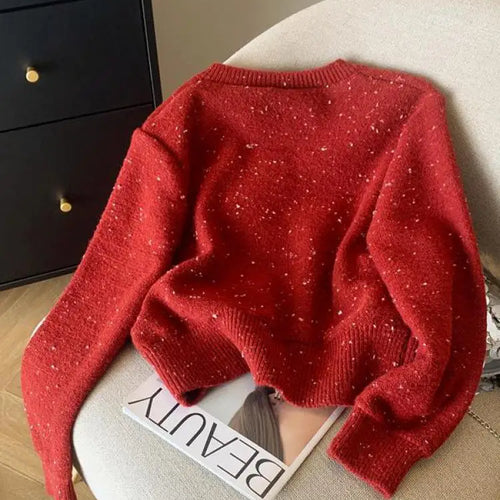 Load image into Gallery viewer, White Long Sleeve Knitted Women Bright Silk Bow Sweater Red V-neck Office Lady Button Casual Pullover Top Autumn Winter
