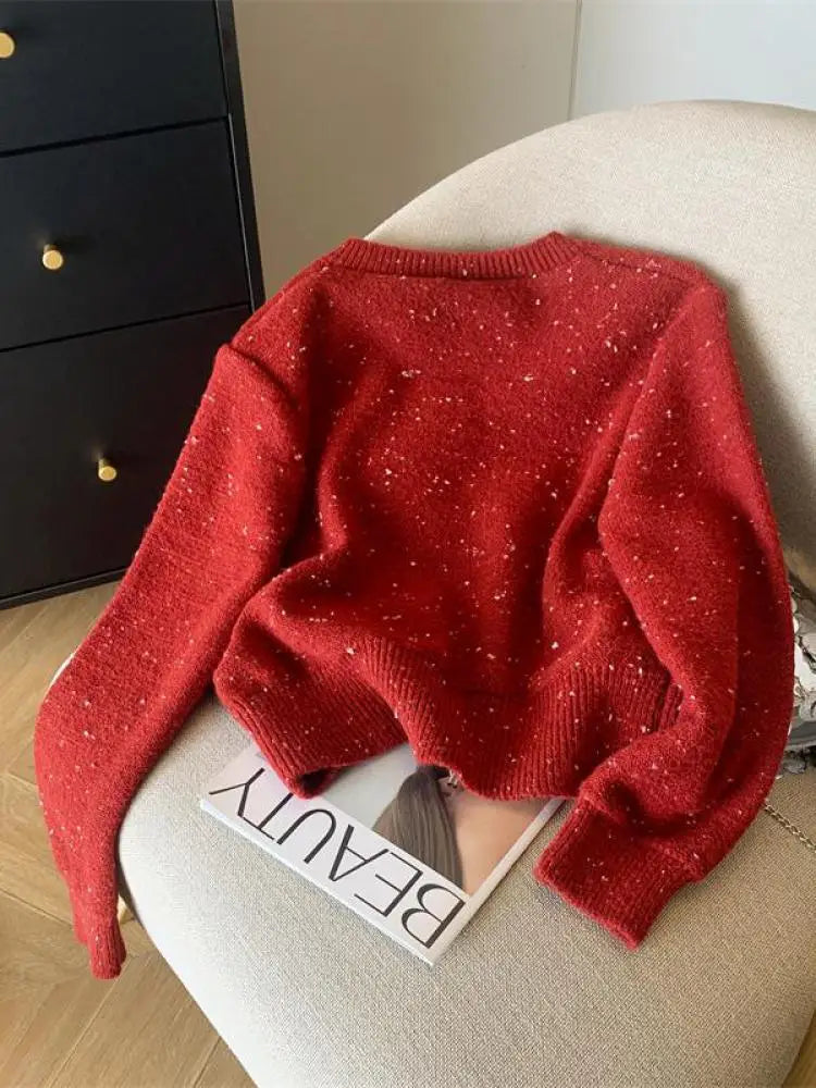 White Long Sleeve Knitted Women Bright Silk Bow Sweater Red V-neck Office Lady Button Casual Pullover Top Autumn Winter