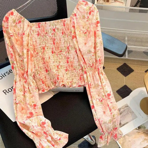 Load image into Gallery viewer, Spring Women Yellow Red Flower Long Sleeve Square Neck Backless Blouse Retro French Ruffle Edge Lace-up Holiday Shirt Short Tops
