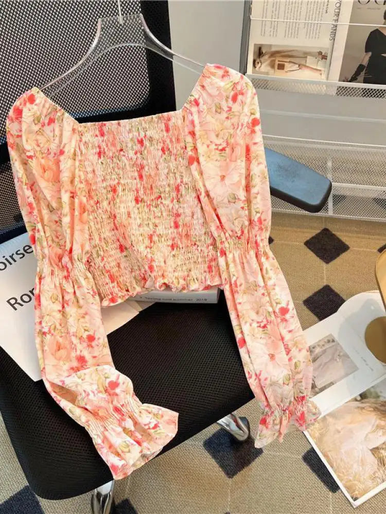Spring Women Yellow Red Flower Long Sleeve Square Neck Backless Blouse Retro French Ruffle Edge Lace-up Holiday Shirt Short Tops