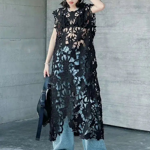 Load image into Gallery viewer, Women Black Lace Hollow Out Perspective Big Size Dress New Round Neck Sleeveless Fashion Tide Spring Summer 2025 1DJ0243
