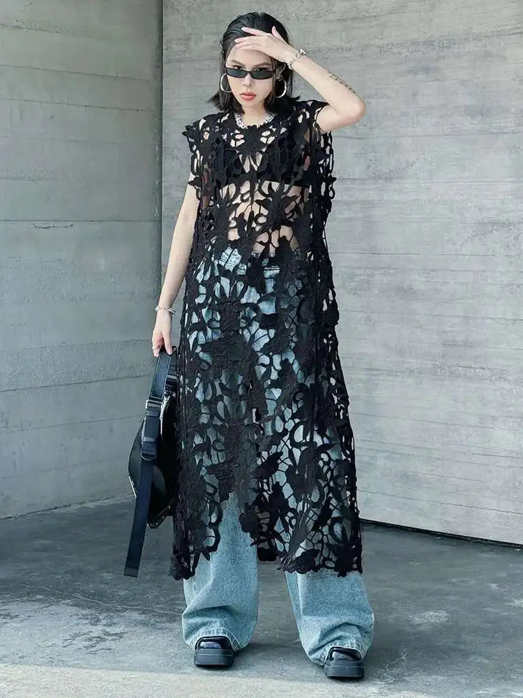 Women Black Lace Hollow Out Perspective Big Size Dress New Round Neck Sleeveless Fashion Tide Spring Summer 2025 1DJ0243