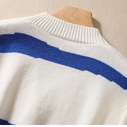 Load image into Gallery viewer, Women Blue White Striped Patchwork Knit Sweater Autumn Winter Long Sleeve Single Breasted Cardigan Korean Fashion Short Tops New
