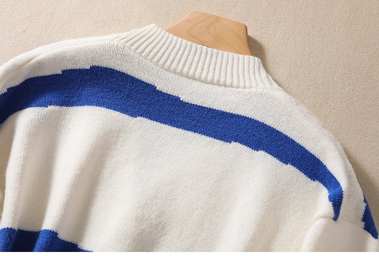 Women Blue White Striped Patchwork Knit Sweater Autumn Winter Long Sleeve Single Breasted Cardigan Korean Fashion Short Tops New