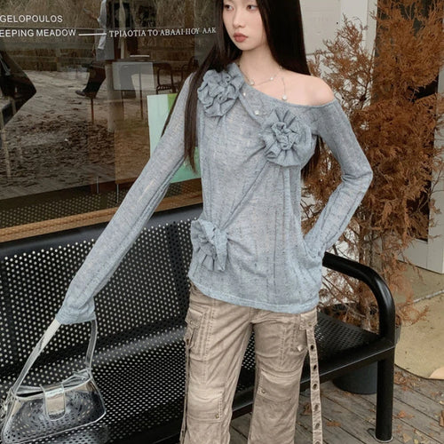 Load image into Gallery viewer, 2025 Y2k Aesthetic Vintage Solid Knitted Tees Spring Streetwear 3D Flower Tshirts Women Harajuku Grunge Skew Collar Grunge Tops
