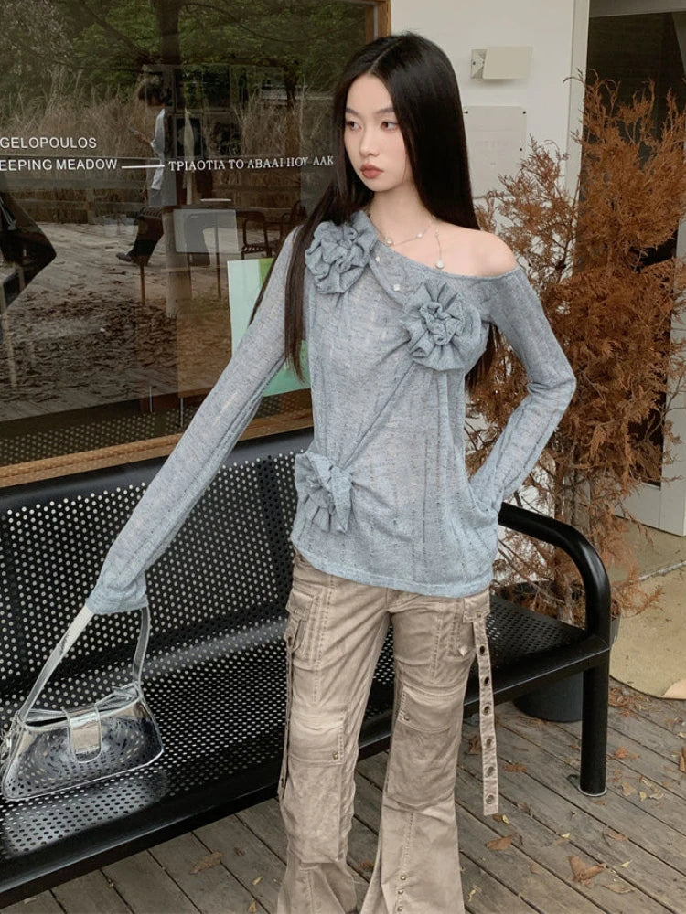 2025 Y2k Aesthetic Vintage Solid Knitted Tees Spring Streetwear 3D Flower Tshirts Women Harajuku Grunge Skew Collar Grunge Tops