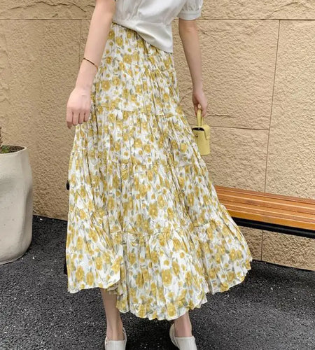 Spring Summer Fashion Sweet Retro Yellow Print Slim Vacation Long Skirt Women High Waist Elegant Pleated Skirt Popular Bohemian