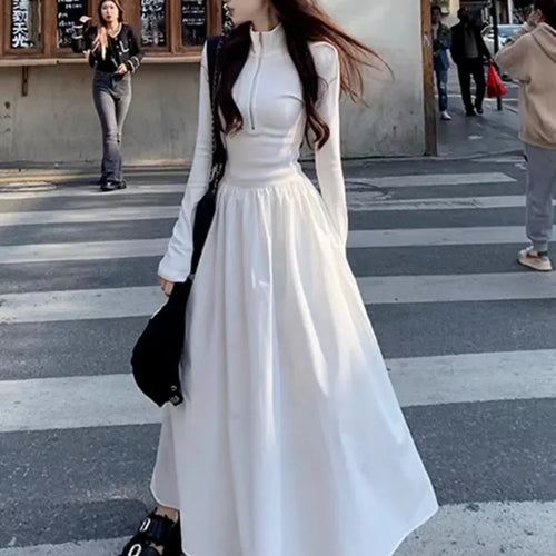 Load image into Gallery viewer, Autumn Korean Style Zip White Dress Women Kpop Wrap Long Sleeve Long Dresses Streetwear Solid Simple Ladies Chic
