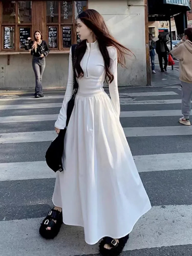 Autumn Korean Style Zip White Dress Women Kpop Wrap Long Sleeve Long Dresses Streetwear Solid Simple Ladies Chic