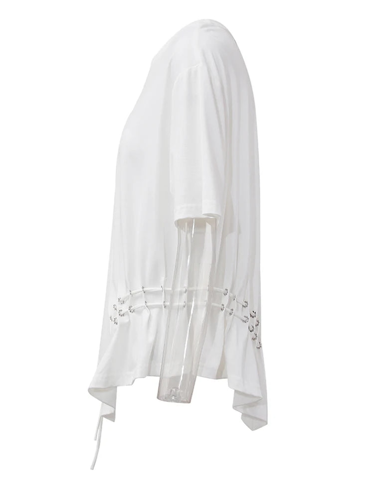 Women White Drawstring Irregular Hem Big Size T-shirt New Round Neck Short Sleeve Fashion Tide Spring Summer 2025 CPG1374
