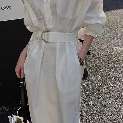 Load image into Gallery viewer, Solid Sheer Spliced Lace Up Casual Dresses for Women V Neck Long Sleeves Patchwork Pockets Fashion Dress Female New
