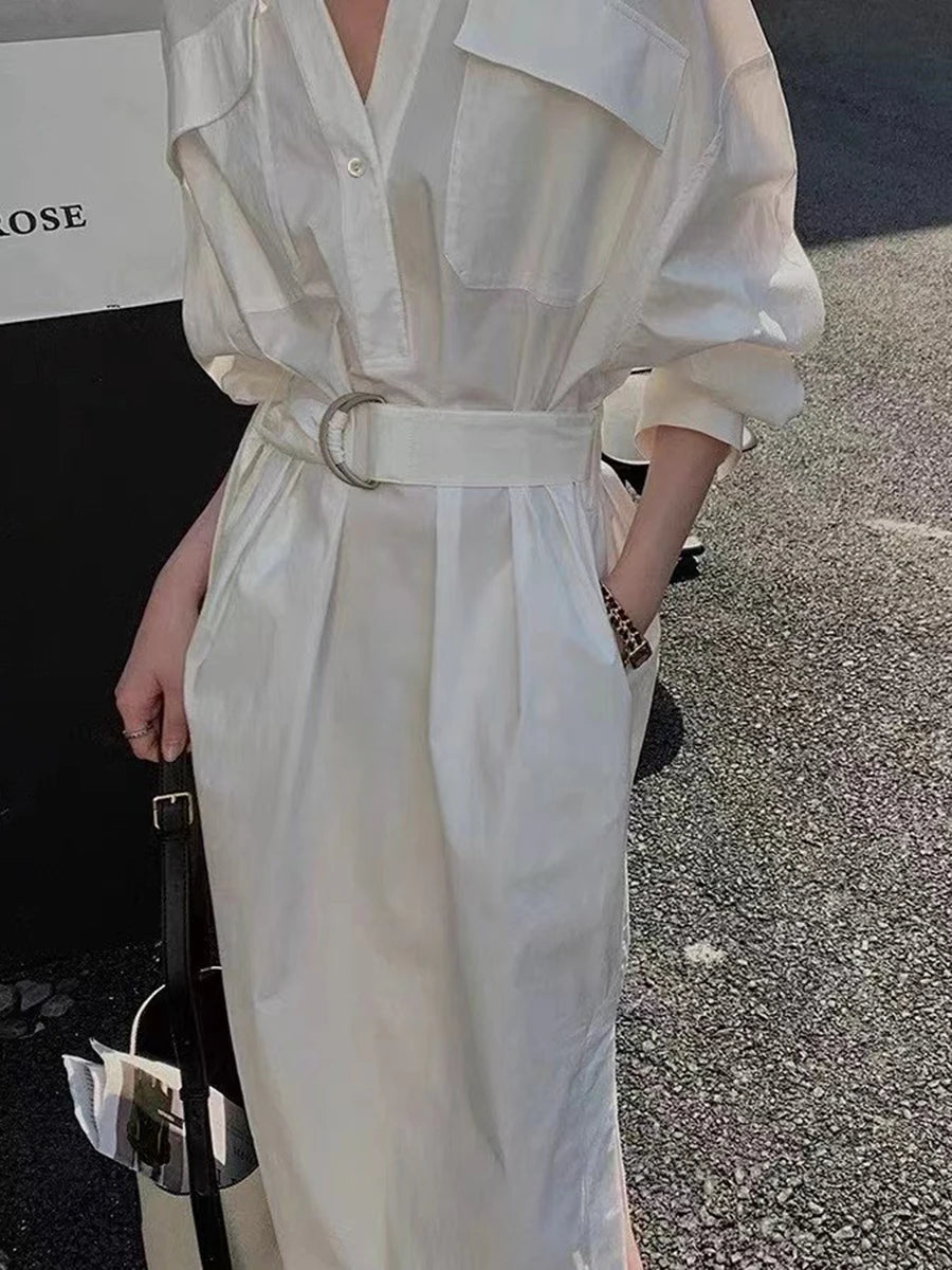 Solid Sheer Spliced Lace Up Casual Dresses for Women V Neck Long Sleeves Patchwork Pockets Fashion Dress Female New