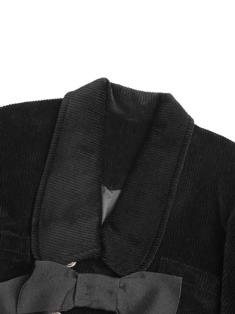 Loose Fit Black Corduroy Bow Big Size Jacket New Lapel Long Sleeve Women Coat Fashion Tide Spring Autumn 2025 1DF2133