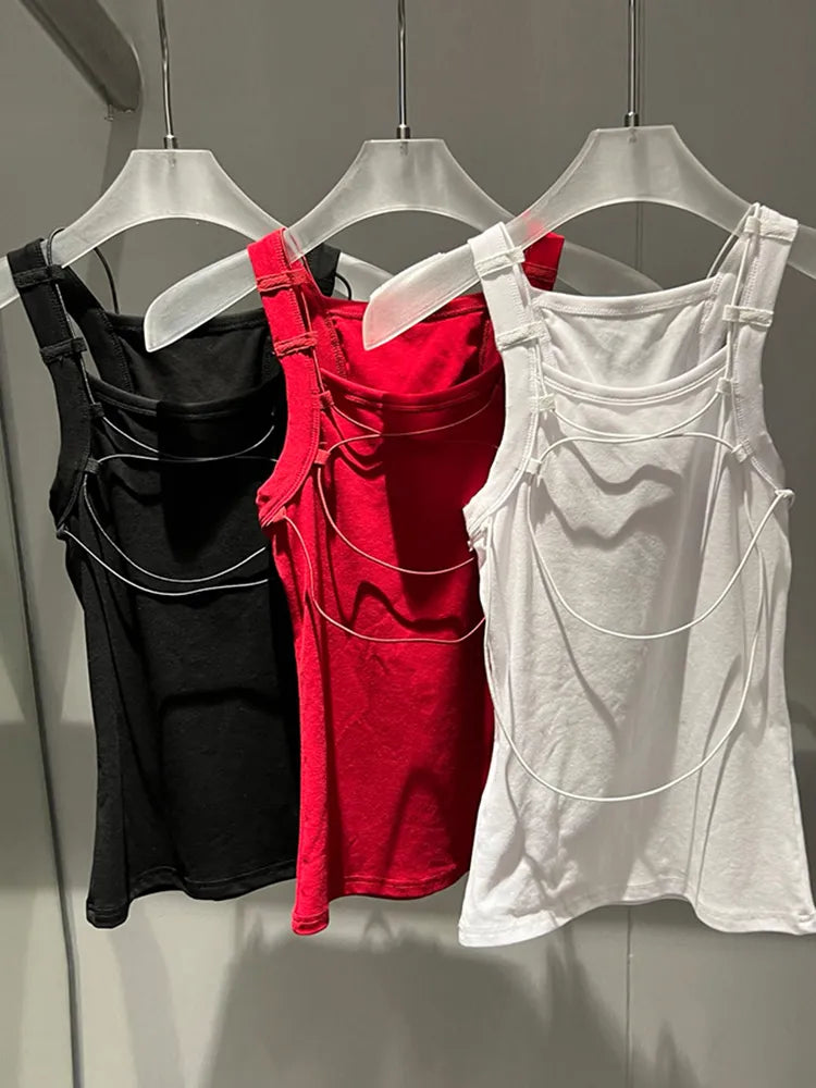 Solid Backless Tank Top For Women Square Collar Sleeveless Slimming Casual Sexy Vest Female Fashion Clothing