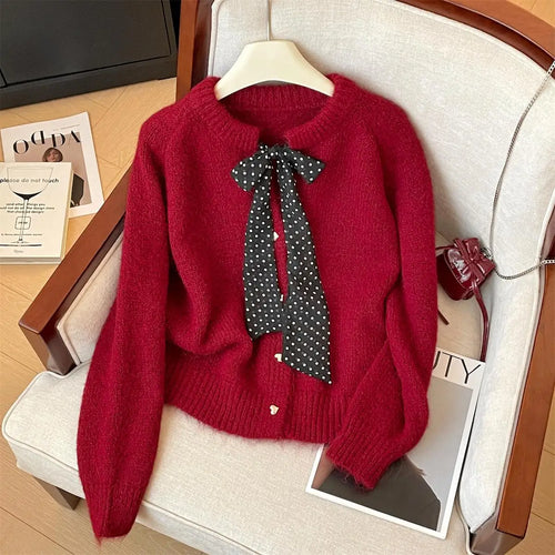 Load image into Gallery viewer, French Vintage Autumn Winter Beige Red Elegant Short Sweater Women's 2024 New Yellow Round Neck Bow Long Sleeved Knitted Tops
