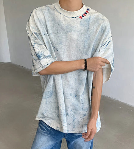 Men's T-shirts Handpainted Tie-dyed Design Short Sleeved Pullover Round Collar New Summer Style Male T-shirt 2025 9W1339
