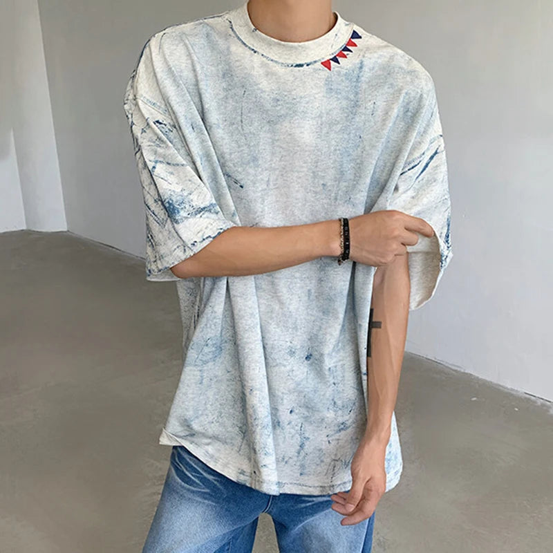 Men's T-shirts Handpainted Tie-dyed Design Short Sleeved Pullover Round Collar New Summer Style Male T-shirt 2025 9W1339