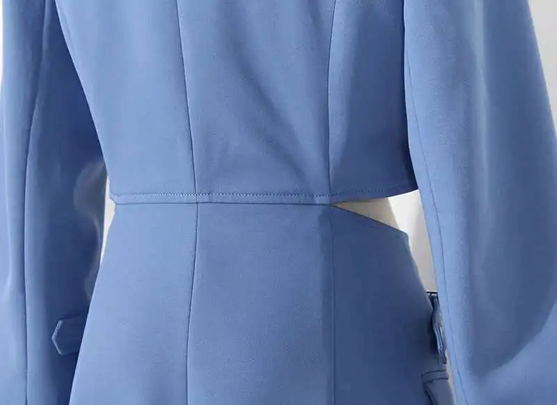 Women Blue Cross Buckle Hollow Out Blazer Dress New Lapel Long Sleeve Loose Fit Fashion Tide Spring Autumn 2025 1DE3323